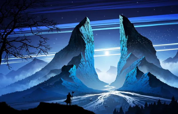 Mountains, Stars, Rocks, River, View, Light, Silhouette, Hills