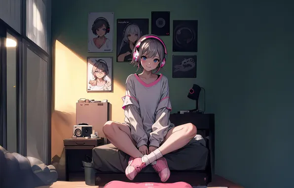 Picture girl, pink, anime, headphones, posters