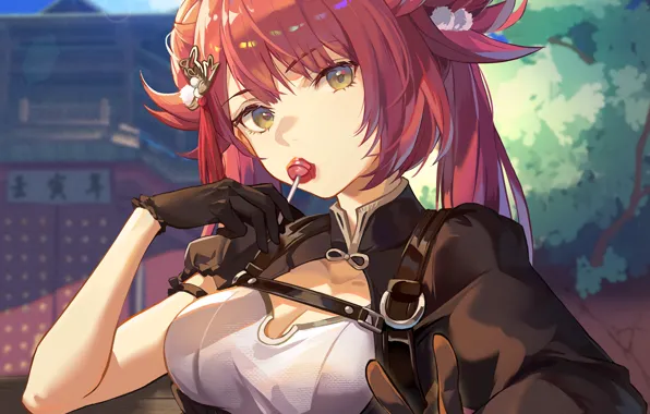 Girl, sexy, cleavage, red hair, long hair, boobs, anime, beautiful