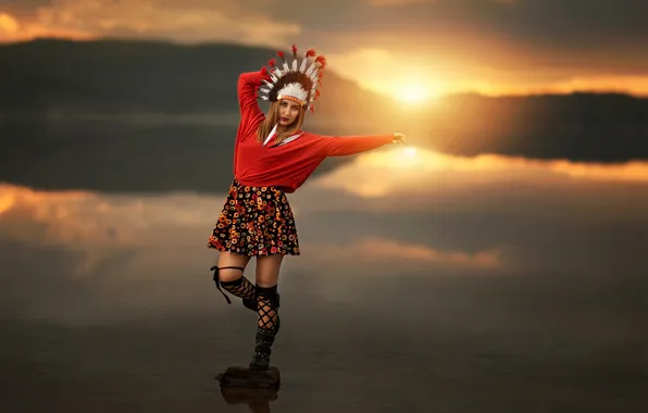 Picture girl, sunset, feathers, Melody, sunset girl