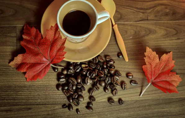 Autumn, coffee, Cup, book, autumn, leaves, cup, beans