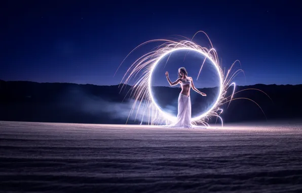 The sky, girl, stars, light, line, landscape, mountains, night