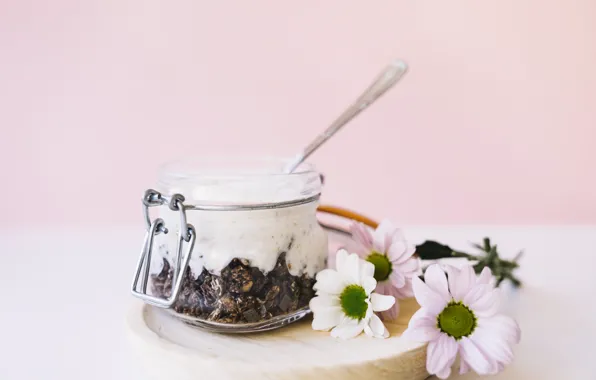 Picture flowers, food, chocolate, nuts, dessert, yogurt