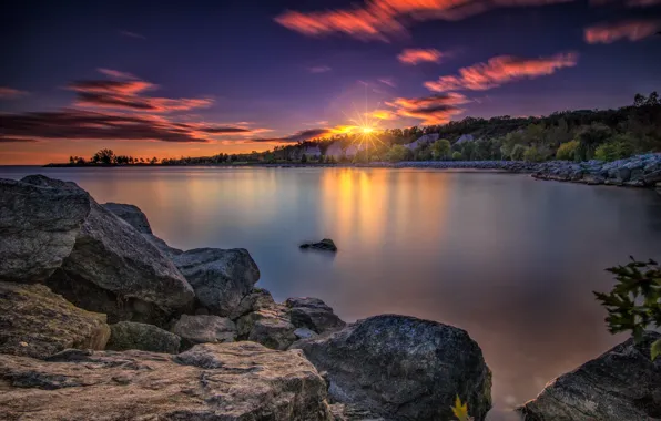 The sun, rays, landscape, sunset, nature, lake, stones, Canada