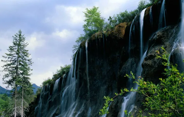 Picture summer, trees, nature, rock, mountain, waterfall