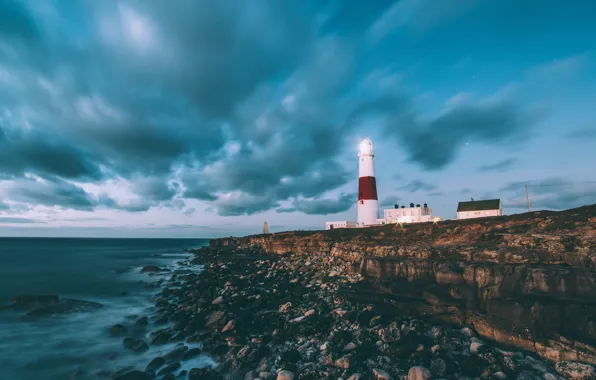 Picture sea, the sky, clouds, clouds, stones, shore, lighthouse