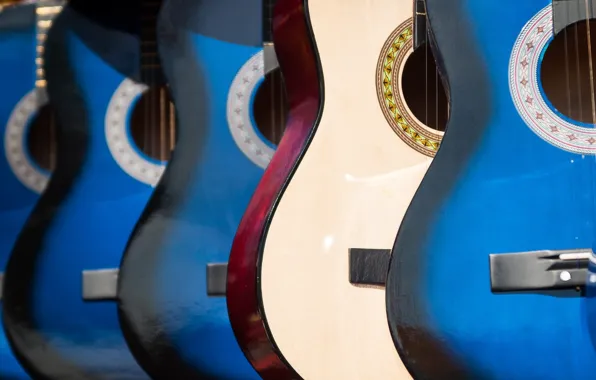 Music, guitar, guitar, white, blue, a lot, musical instrument