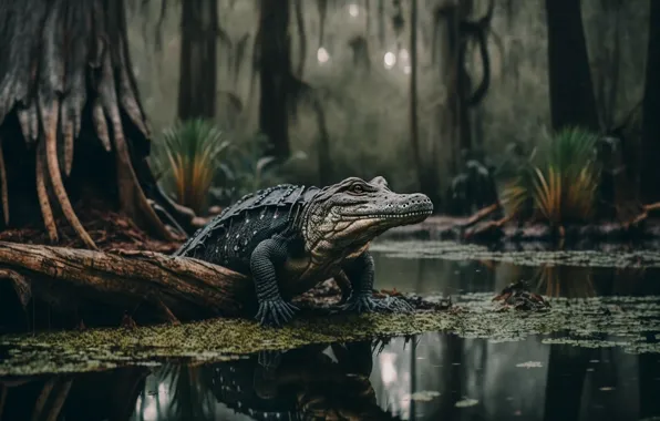 Trees, nature, lake, reflection, rendering, graphics, crocodile, art