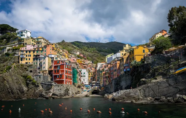 Sea, coast, building, Italy, Italy, The Ligurian sea, Riomaggiore, buoys