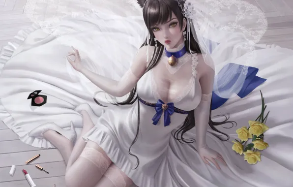 Girl, sexy, cleavage, thighhighs, long hair, dress, boobs, anime