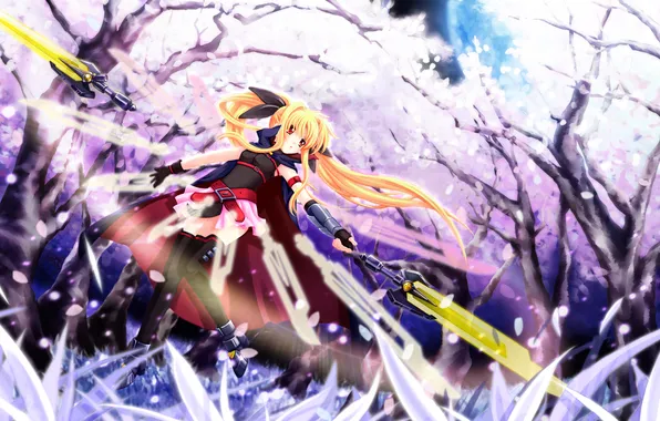 Girl, trees, night, weapons, the moon, sword, anime, petals