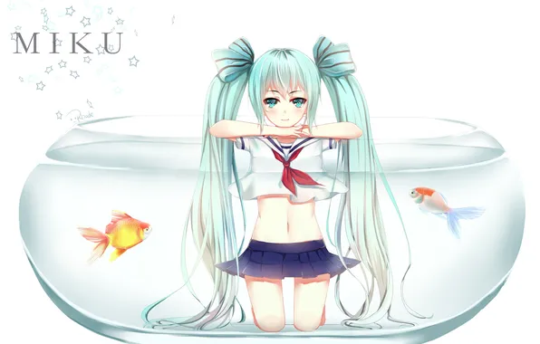 Water, girl, fish, aquarium, anime, art, form, schoolgirl