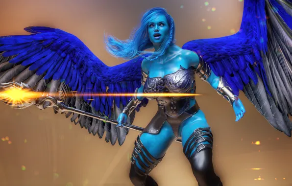 Chest, look, girl, magic, wings, angel, warrior, staff