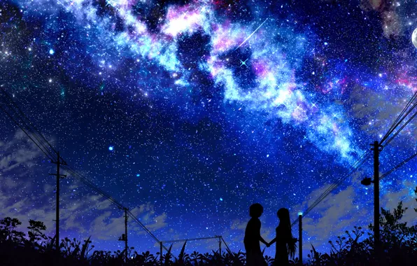 The sky, girl, night, guy, the milky way