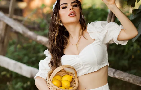 Picture girl, branches, nature, basket, makeup, blouse, brown hair, top