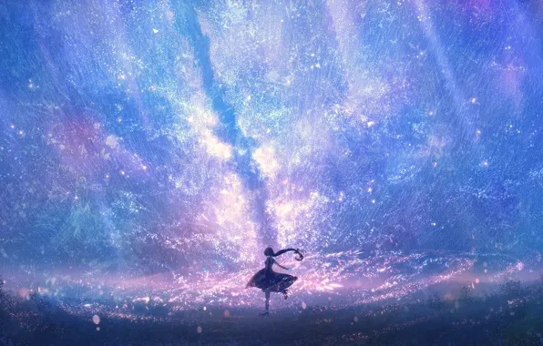 The sky, girl, night, glow, dancing