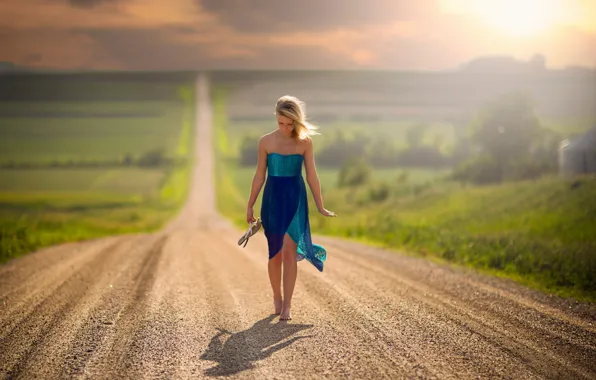 Road, girl, the way, space, barefoot