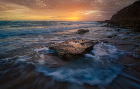 Sea, sunset, shore, Andalusia, La Barossa, Chiclana de la Frontera