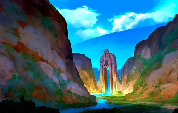 Portal, sword, fantasy, river, sky, landscape, mountains, clouds
