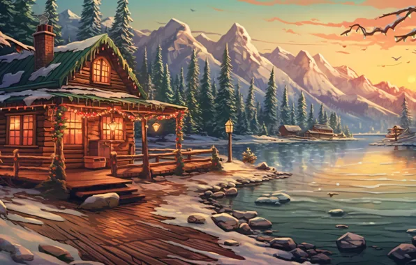 Winter, snow, house, holiday, graphics, Christmas, New year, house