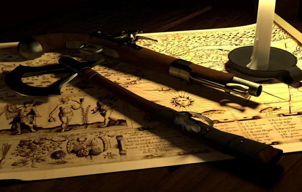 Retro, map, candle, musket