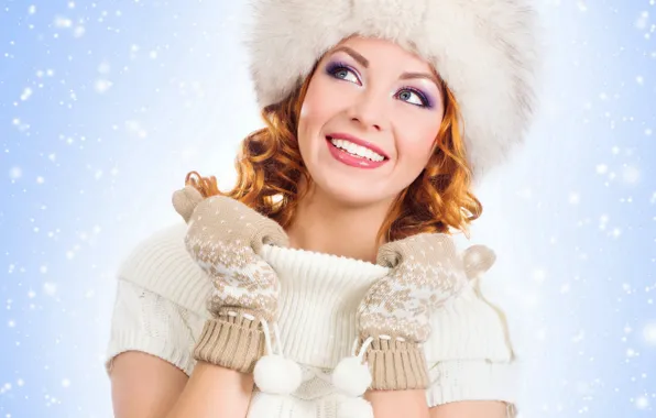 Winter, girl, smile, hat, makeup, red, woman, winter