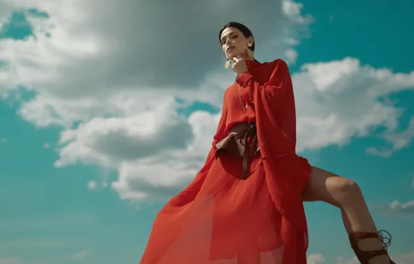 Picture the sky, girl, pose, style, model, leg, red dress, alloca