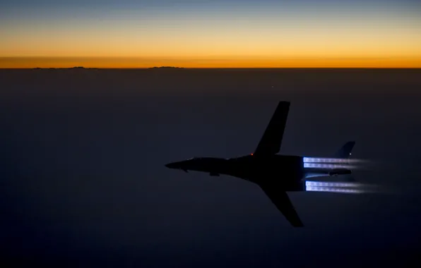 Clouds, flight, sunset, mountains, fire, horizon, turbine, B-1B