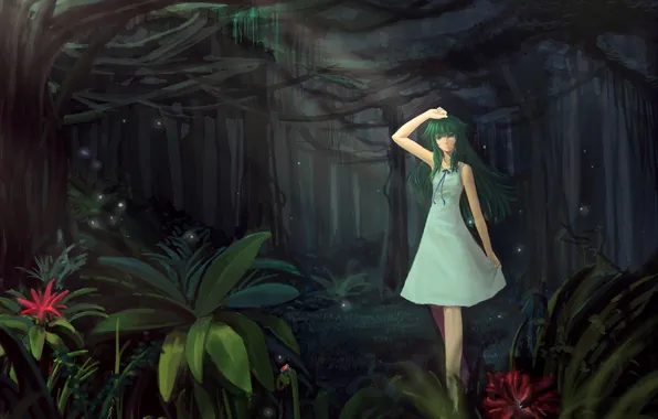 Forest, flowers, fireflies, Girl, walk, gesture, saya no uta, saya