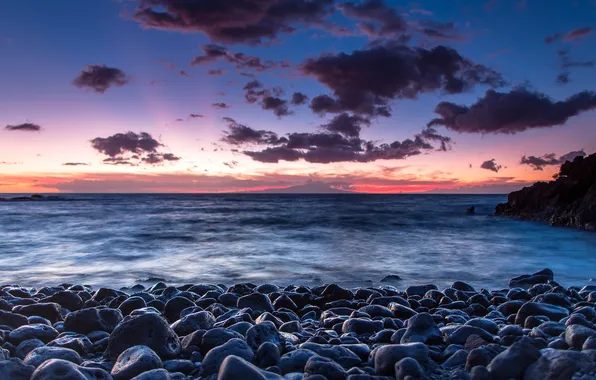 Sea, the sky, clouds, stones, dawn, shore