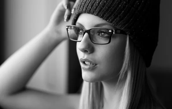 Girl, hat, portrait, glasses, black and white photo