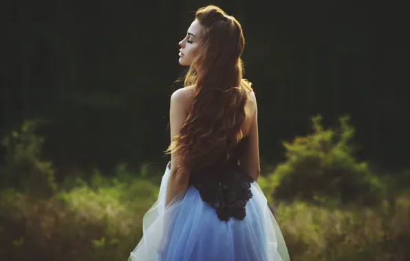 Forest, eyes, girl, nature, dress, hairstyle, brown hair, is