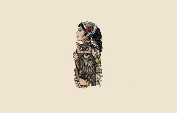 Girl, owl, bird, light background, owl