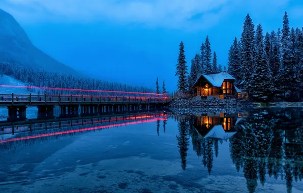Picture forest, light, mountains, lake, reflection, Canada, house, Canada