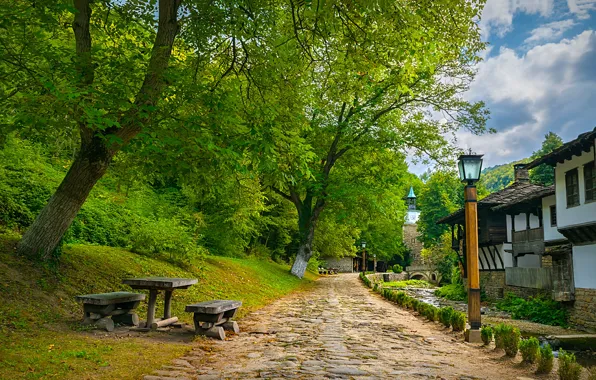 The sky, clouds, trees, bridge, the city, street, tower, home