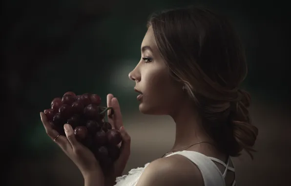 Girl, face, background, portrait, hands, grapes, bunch, profile