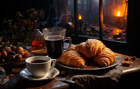 Table, coffee, mug, Cup, drink, croissants, AI art, neural network