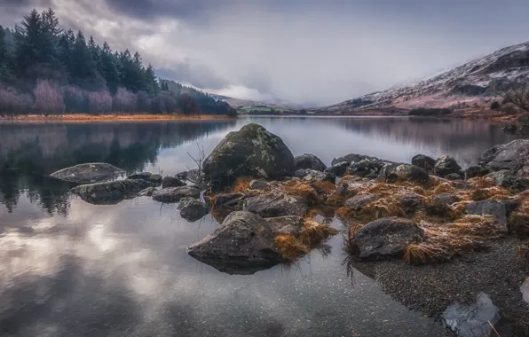 Clouds, landscape, mountains, lake, stones, Wales, Snowdonia, Llynnau Mymbyr