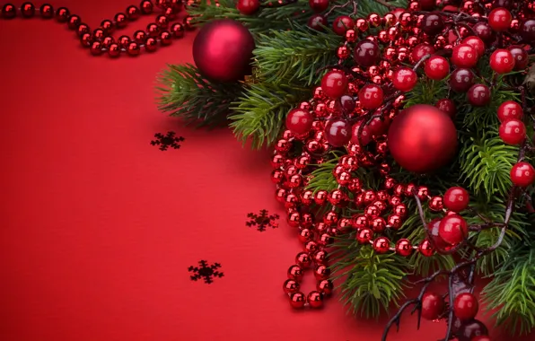Wallpaper new year, holiday, beads, fir-tree branches, balls, decoration