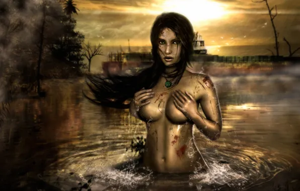 Water, girl, clouds, fog, rain, blood, Tomb Raider, the ship