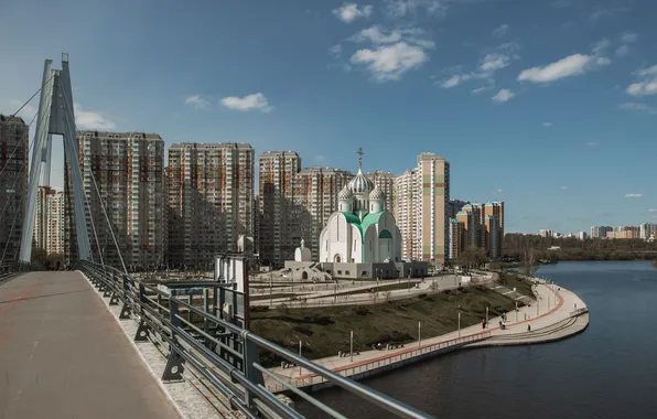 Picture bridge, river, building, home, temple, Russia, The Moscow river, Krasnogorsk