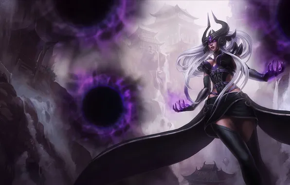 Picture girl, magic, waterfall, structure, sphere, League of Legends, LoL, Syndra