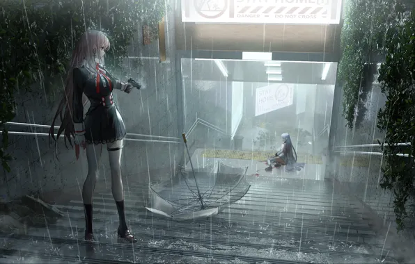 Gun, girls, rain, ladder