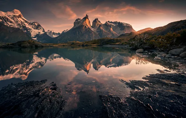 Mountains, lake, reflection, Andes