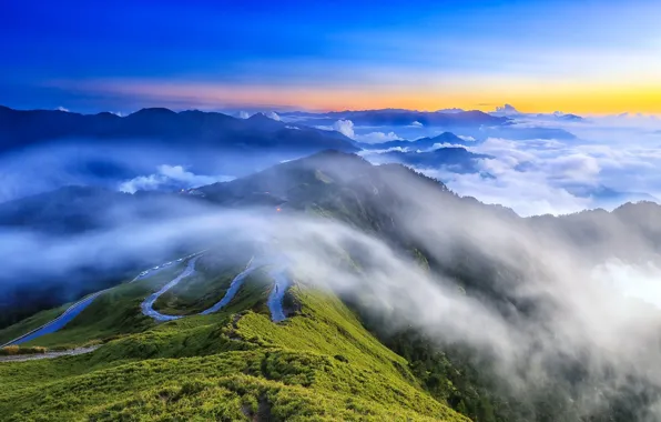 The sky, clouds, mountains, horizon