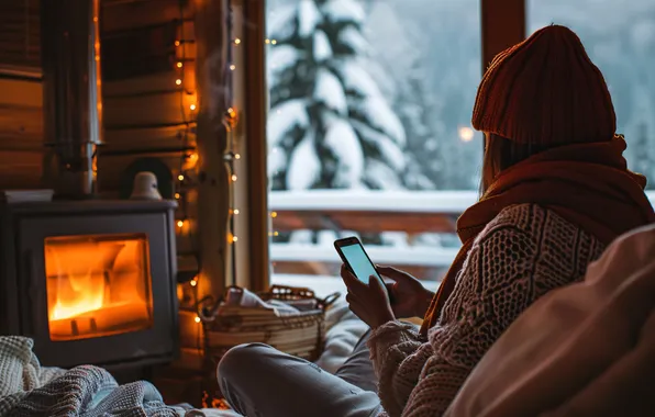 Winter, glass, girl, snow, comfort, house, sofa, holiday