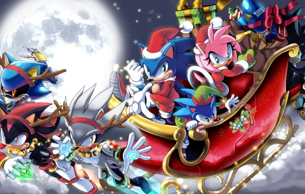 Night, holiday, the moon, new year, Christmas, gifts, Sonic, Silver