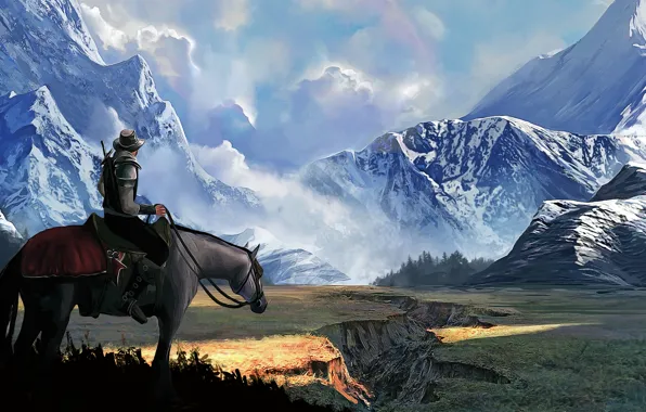 Landscape, mountains, horse, art, rider, male