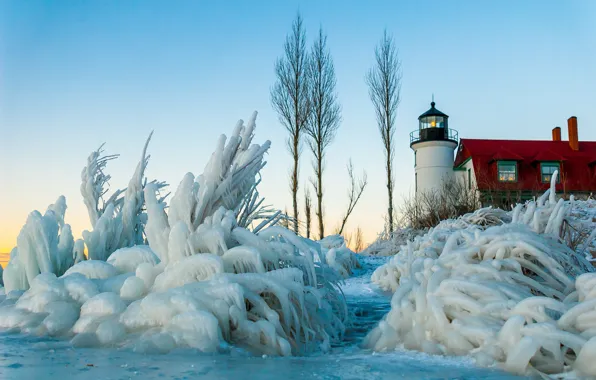 Ice, winter, the sky, snow, house, lighthouse, the bushes