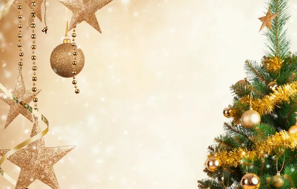Holiday, balls, toys, star, tree, New year, tinsel, gold